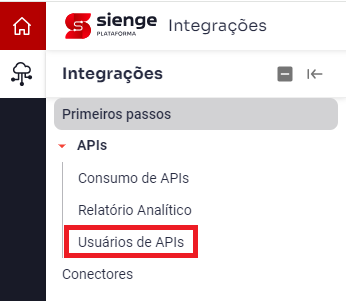 Lista de integrações do Sienge com a opção "Usuários de APIs" destacada.