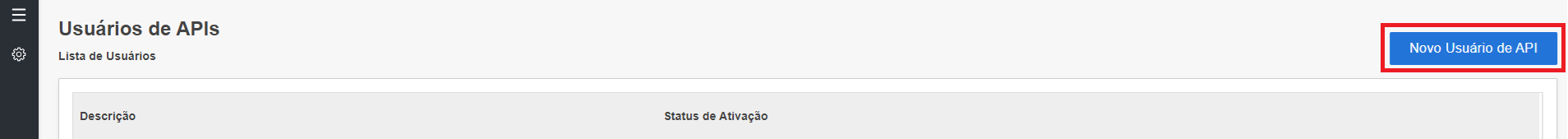 Painel de administração de usuários de API com o botão "Novo Usuário de API" destacado.