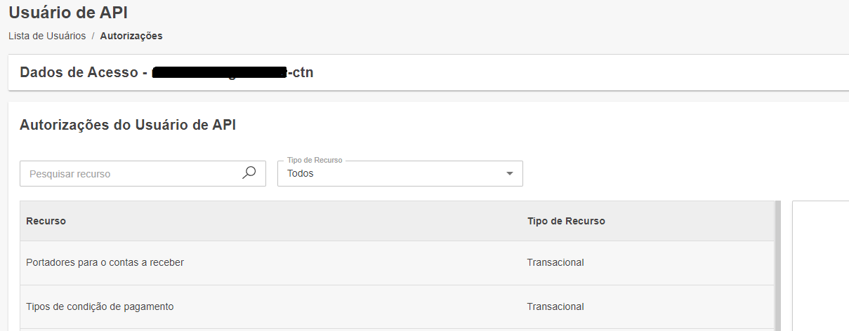 Tela "Autorizações do Usuário de API" do Sienge, com a lista de recursos.
