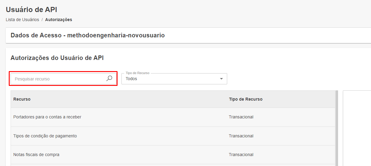 Painel de autorização do Sienge com o campo "Pesquisar recurso" destacado.
