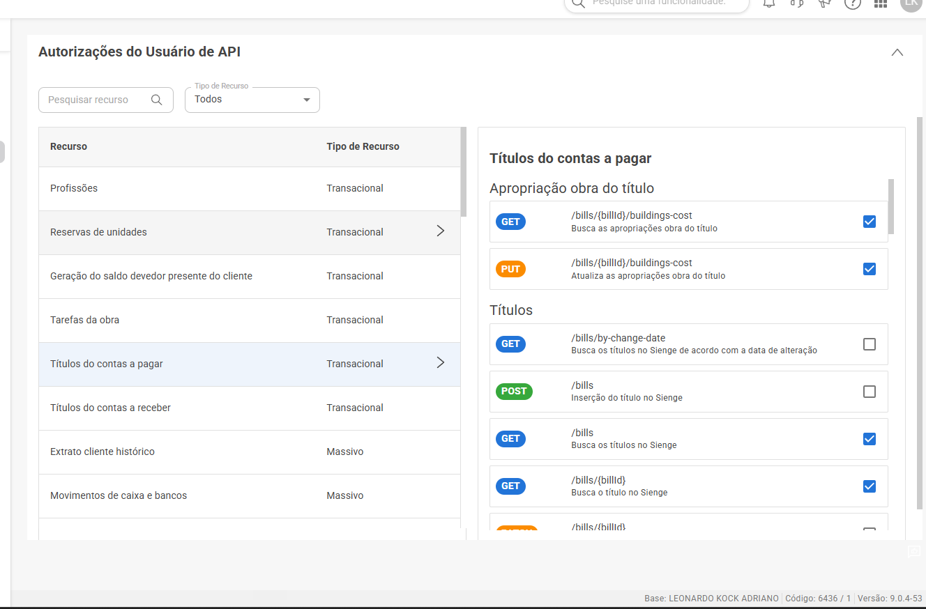 Tela de Autorizações do Sienge com o recurso "Títulos do contas a pagar" e a rota marcada.