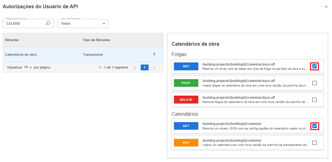 Tela de Autorizações do Sienge com o recurso "Calendários de obra" e a rota marcada.
