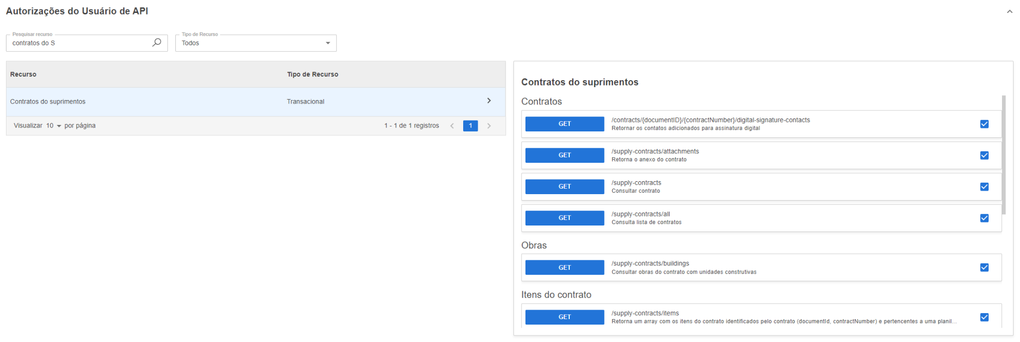 Tela de Autorizações do Sienge com o recurso "Contratos do suprimentos" e a rota marcada.