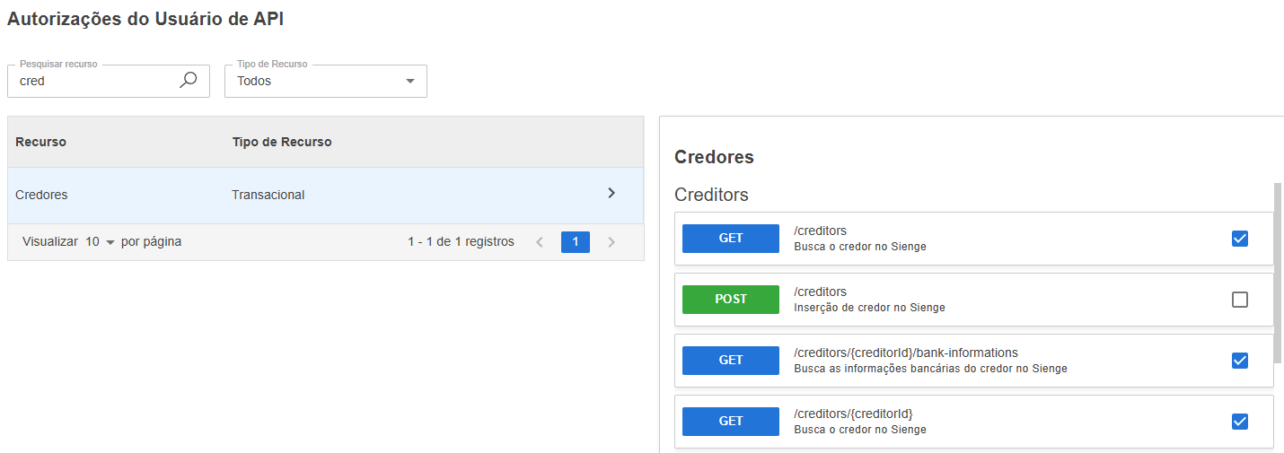 Tela de Autorizações do Sienge com o recurso "Credores" e a rota marcada.