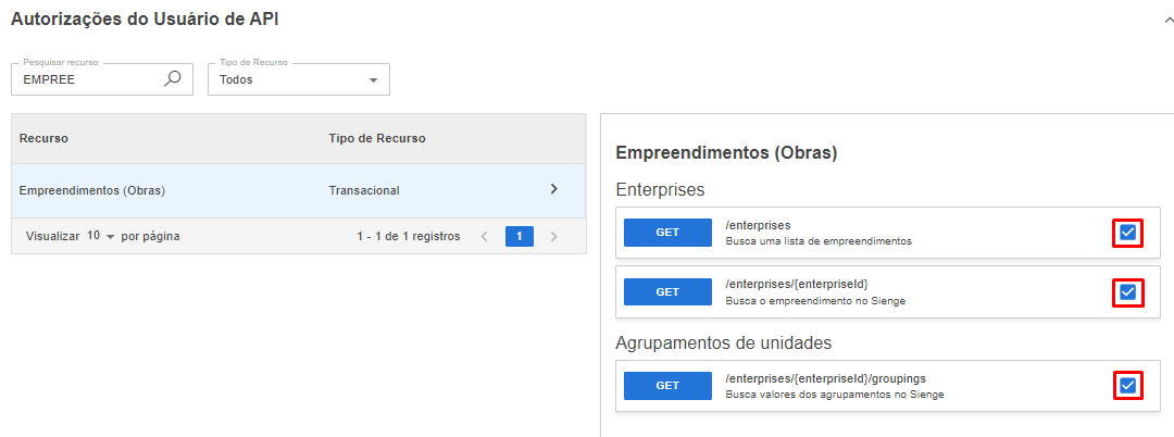 Tela de Autorizações do Sienge com o recurso "Empreendimentos" e a rota marcada.