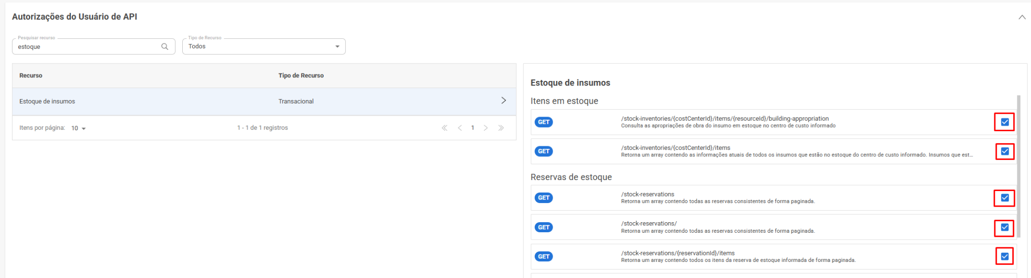 Tela de Autorizações do Sienge com o recurso "Estoque de Insumos" e a rota marcada.