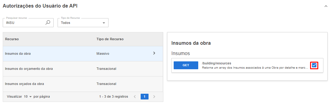 Tela de Autorizações do Sienge com o recurso "Insumos orçados da obra" e a rota marcada.