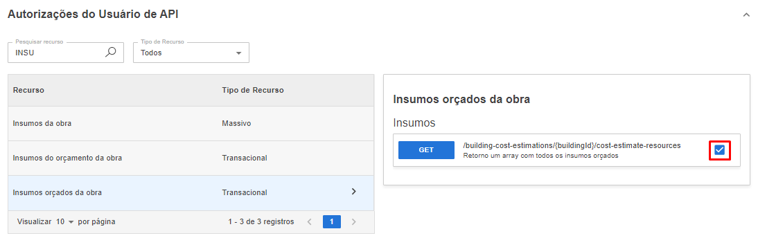 Tela de Autorizações do Sienge com o recurso "Insumos orçados da obra" e a rota marcada.